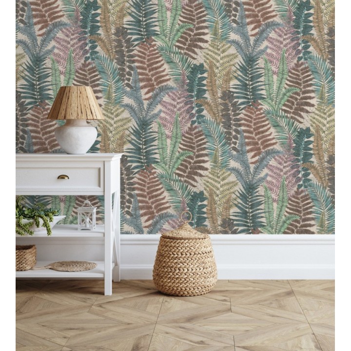 Papel pintado botánico de helechos con tonos tierra y verde - Maui Paradise 683308