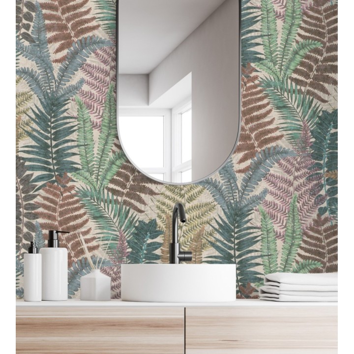 Papel pintado botánico de helechos con tonos tierra y verde - Maui Paradise 683308
