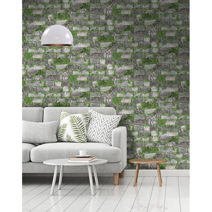 Papel pintado muro de piedra labrada con musgo - Etnik Brick Garden 125811