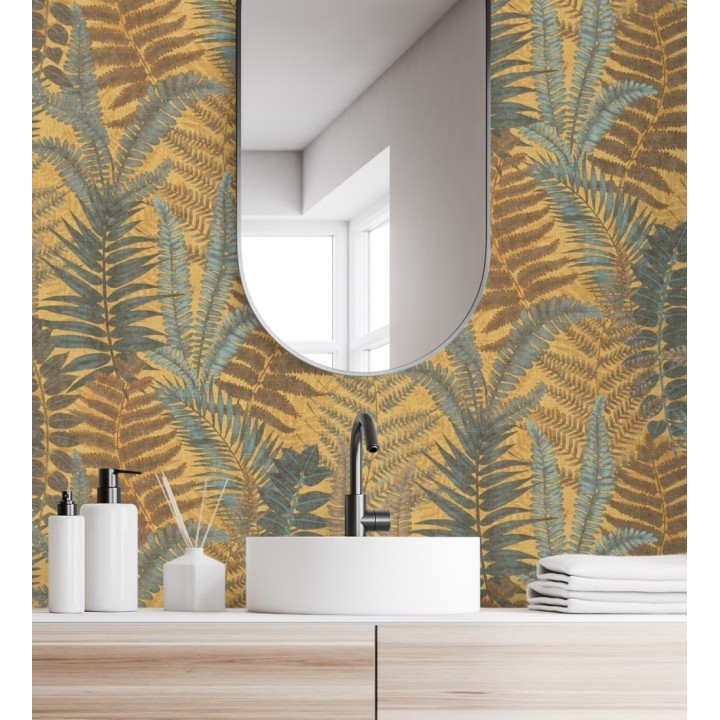 Papel pintado botánico de helechos con tonos verdes y amarillos - Maui Paradise 683309