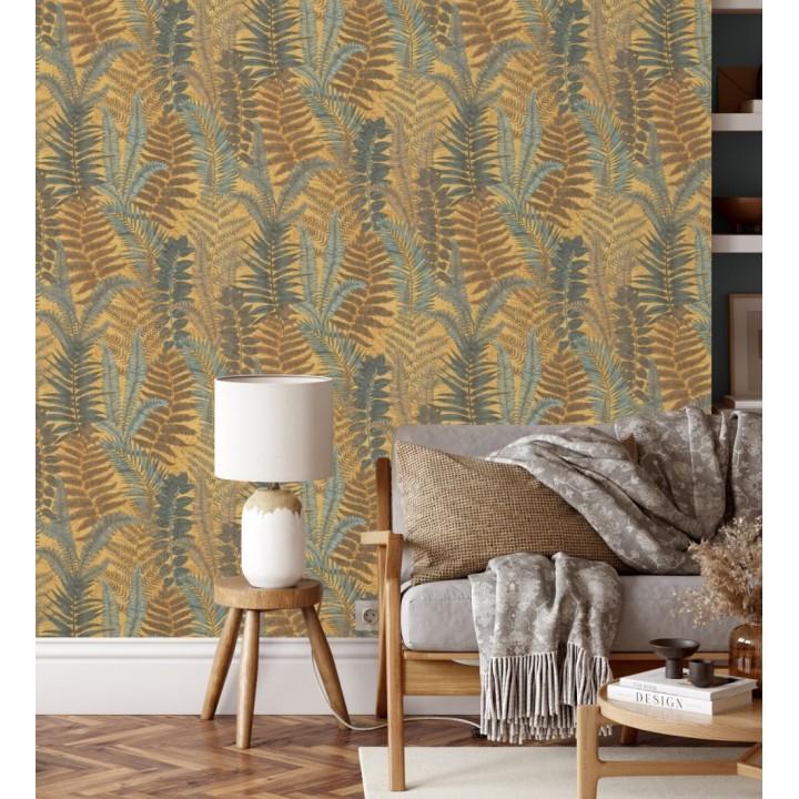 Papel pintado botánico de helechos con tonos verdes y amarillos - Maui Paradise 683309
