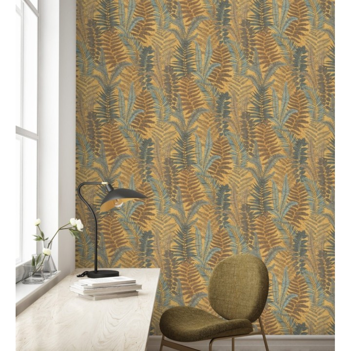 Papel pintado botánico de helechos con tonos verdes y amarillos - Maui Paradise 683309