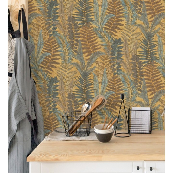 Papel pintado botánico de helechos con tonos verdes y amarillos - Maui Paradise 683309