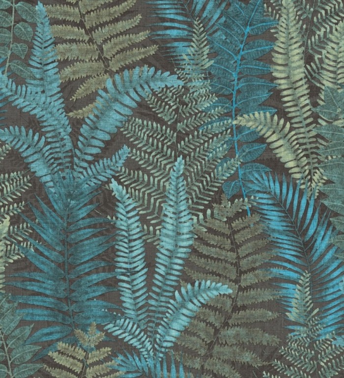Papel pintado botánico de helechos con tonos turquesas y verdes - Maui Paradise 683310