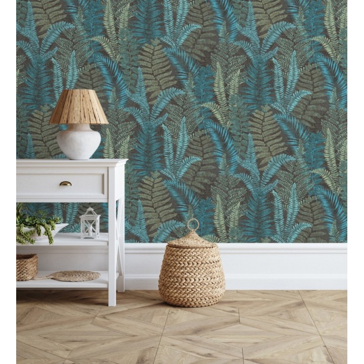 Papel pintado botánico de helechos con tonos turquesas y verdes - Maui Paradise 683310