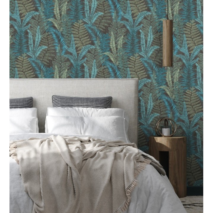 Papel pintado botánico de helechos con tonos turquesas y verdes - Maui Paradise 683310