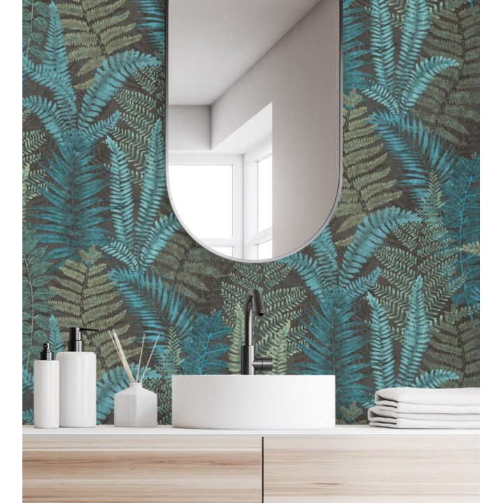 Papel pintado botánico de helechos con tonos turquesas y verdes - Maui Paradise 683310