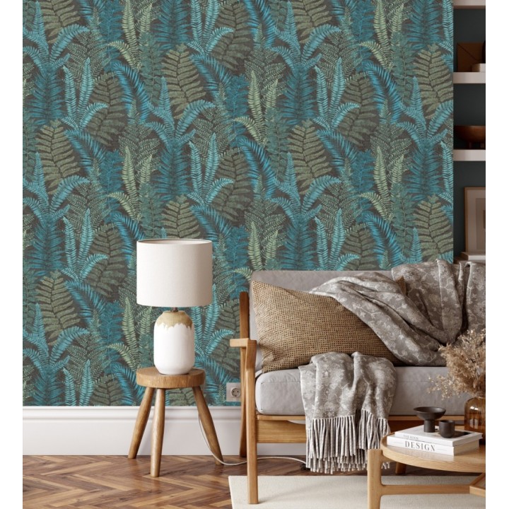 Papel pintado botánico de helechos con tonos turquesas y verdes - Maui Paradise 683310