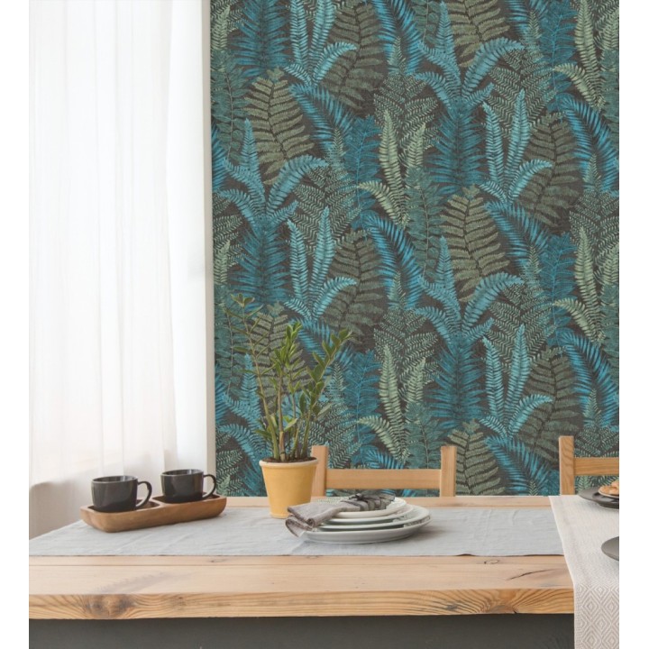 Papel pintado botánico de helechos con tonos turquesas y verdes - Maui Paradise 683310