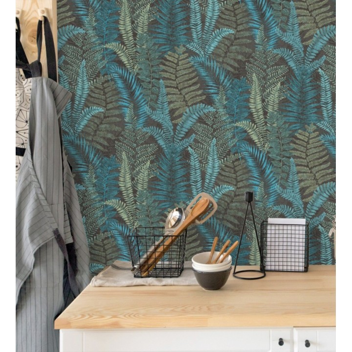 Papel pintado botánico de helechos con tonos turquesas y verdes - Maui Paradise 683310