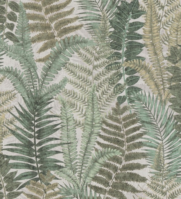 Papel pintado botánico de helechos con tonos beige grisáceo y verde - Maui Paradise 683311