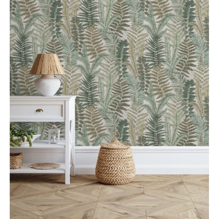 Papel pintado botánico de helechos con tonos beige grisáceo y verde - Maui Paradise 683311