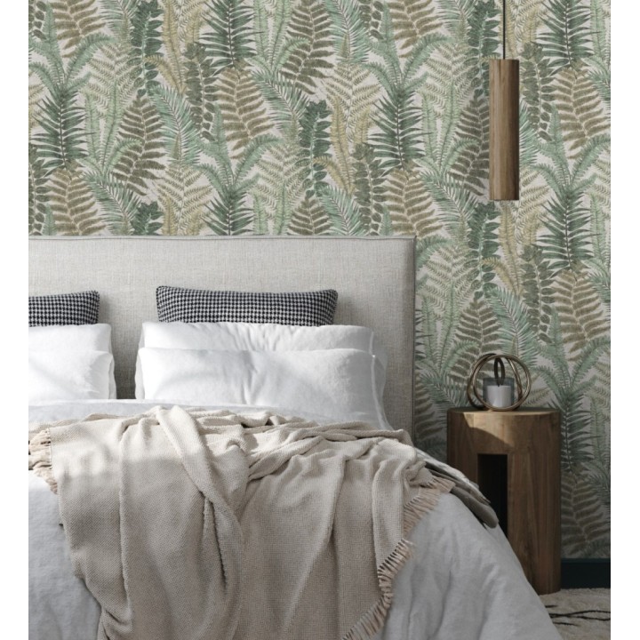 Papel pintado botánico de helechos con tonos beige grisáceo y verde - Maui Paradise 683311