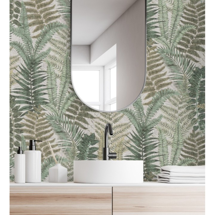 Papel pintado botánico de helechos con tonos beige grisáceo y verde - Maui Paradise 683311