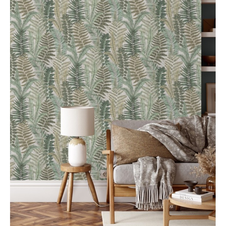 Papel pintado botánico de helechos con tonos beige grisáceo y verde - Maui Paradise 683311