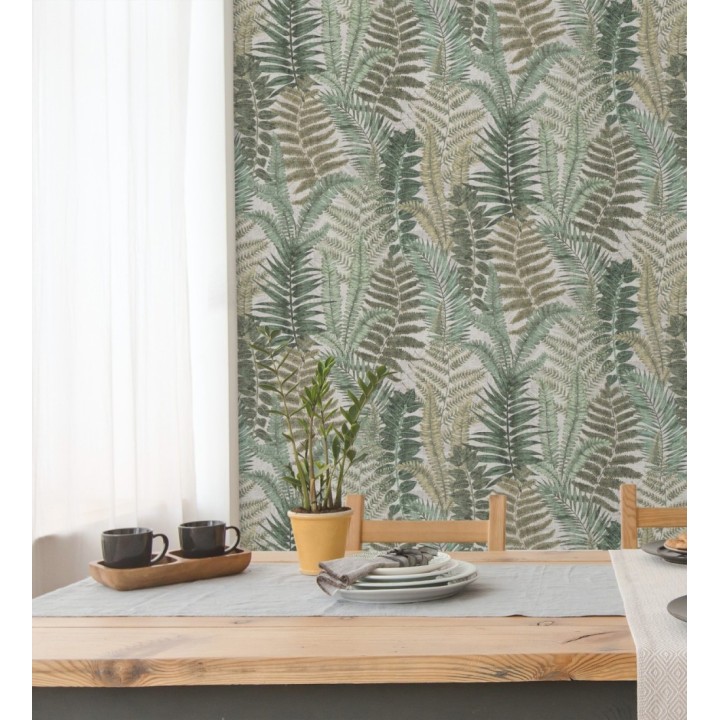 Papel pintado botánico de helechos con tonos beige grisáceo y verde - Maui Paradise 683311