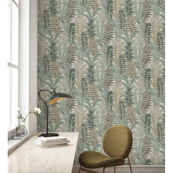 Papel pintado botánico de helechos con tonos beige grisáceo y verde - Maui Paradise 683311