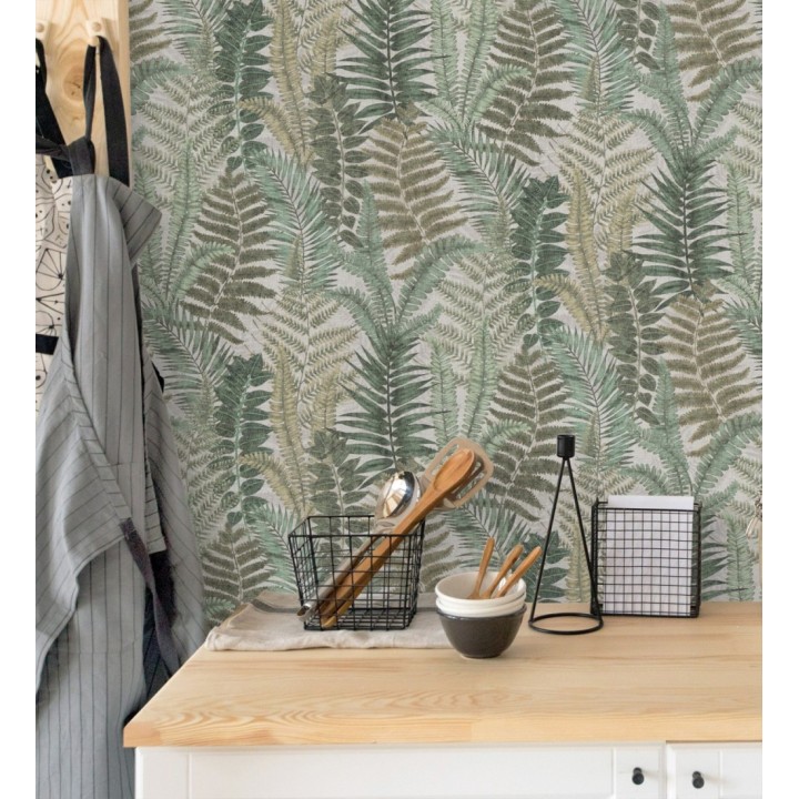 Papel pintado botánico de helechos con tonos beige grisáceo y verde - Maui Paradise 683311