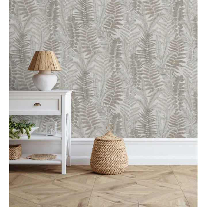 Papel pintado botánico de helechos con tonos beige y gris - Maui Paradise 683312