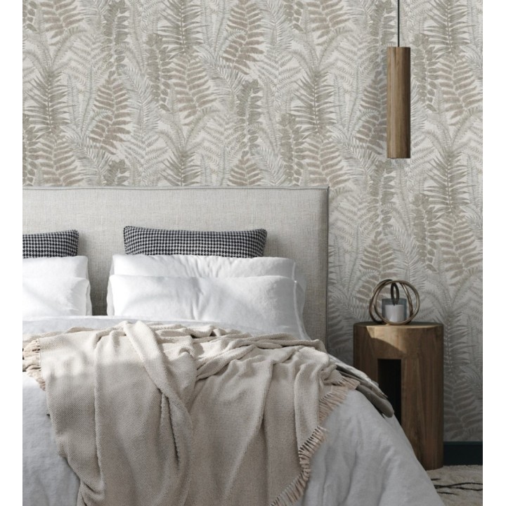 Papel pintado botánico de helechos con tonos beige y gris - Maui Paradise 683312