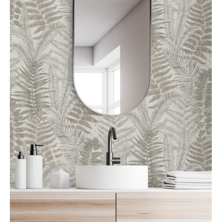 Papel pintado botánico de helechos con tonos beige y gris - Maui Paradise 683312