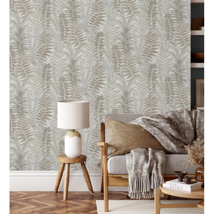 Papel pintado botánico de helechos con tonos beige y gris - Maui Paradise 683312