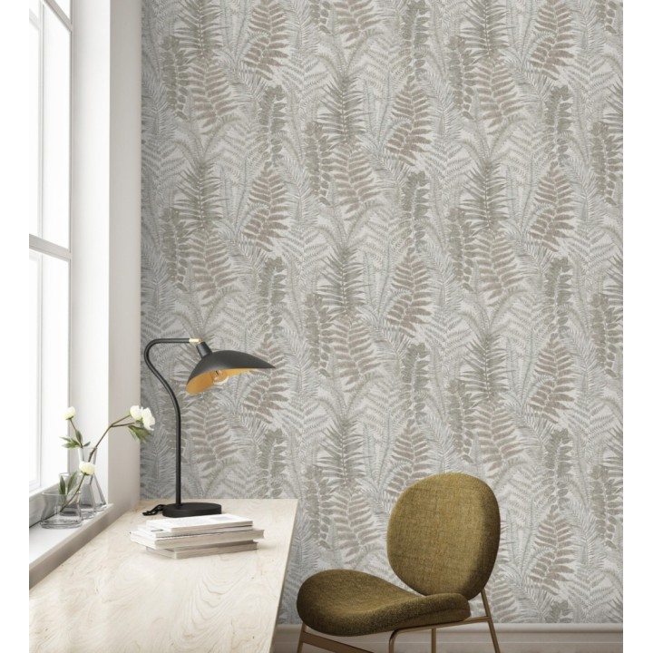 Papel pintado botánico de helechos con tonos beige y gris - Maui Paradise 683312