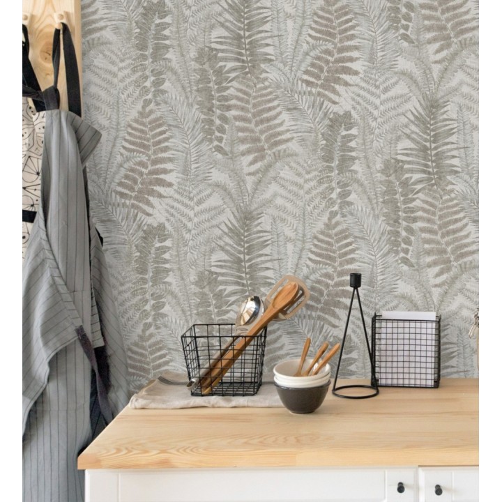 Papel pintado botánico de helechos con tonos beige y gris - Maui Paradise 683312