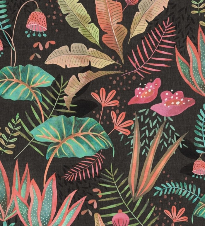 Papel pintado de vegetación tropical en colores vibrantes con fondo negro - Aloha Spirit 683313