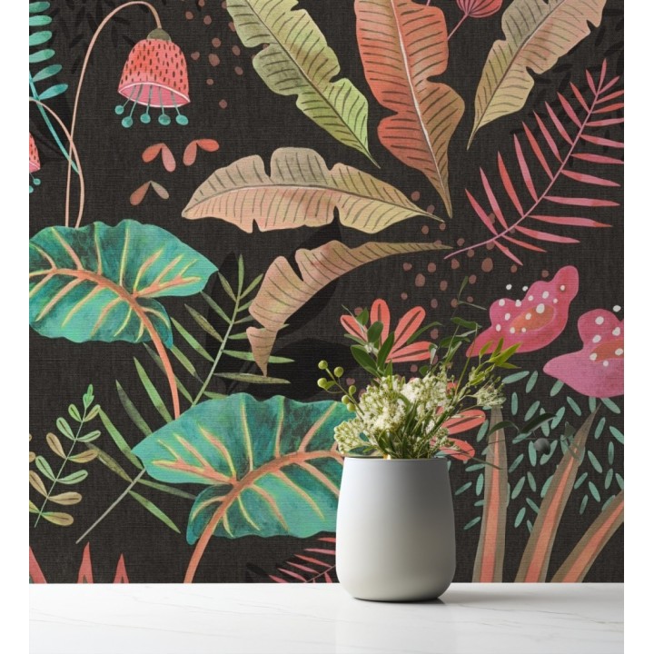 Papel pintado de vegetación tropical en colores vibrantes con fondo negro - Aloha Spirit 683313