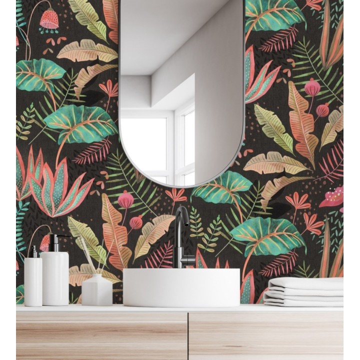 Papel pintado de vegetación tropical en colores vibrantes con fondo negro - Aloha Spirit 683313