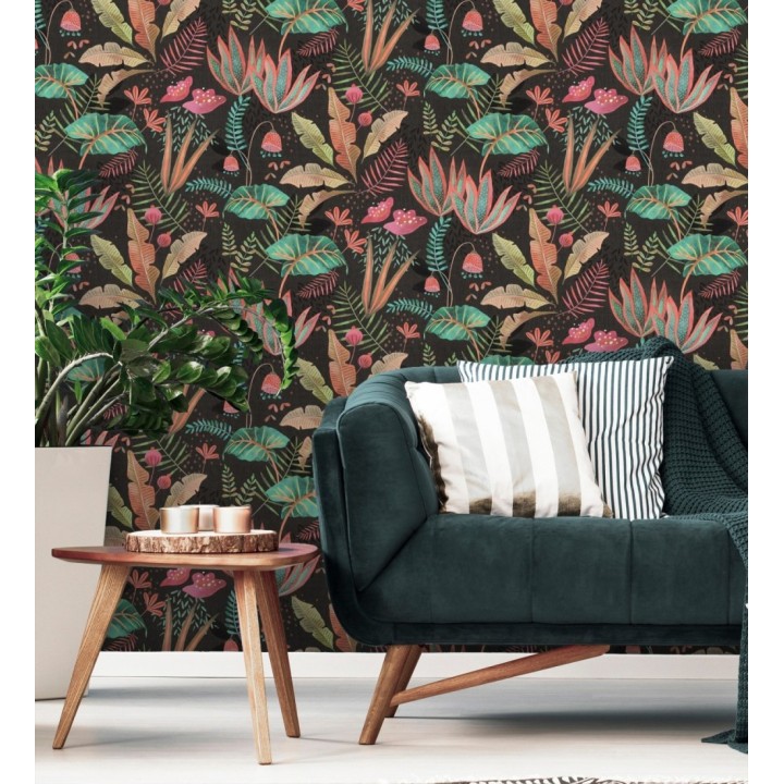 Papel pintado de vegetación tropical en colores vibrantes con fondo negro - Aloha Spirit 683313