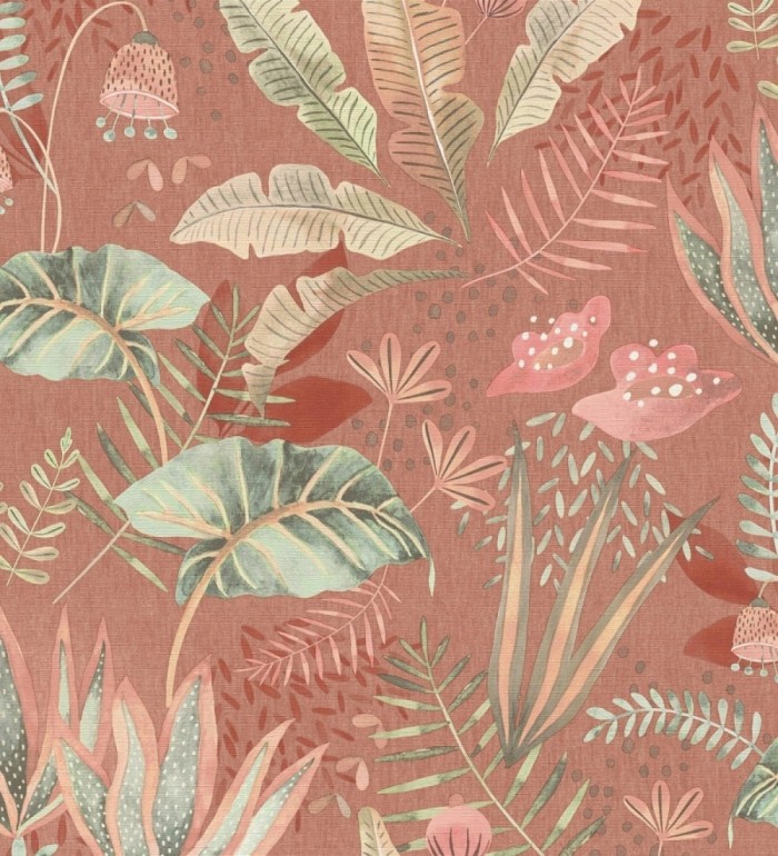 Papel pintado de vegetación tropical en colores verdes y coral fondo terracota - Aloha Spirit 683314