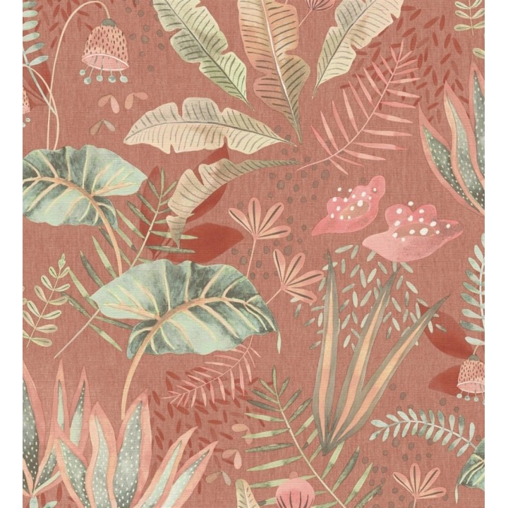 Papel pintado de vegetación tropical en colores verdes y coral fondo terracota - Aloha Spirit 683314