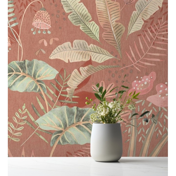 Papel pintado de vegetación tropical en colores verdes y coral fondo terracota - Aloha Spirit 683314