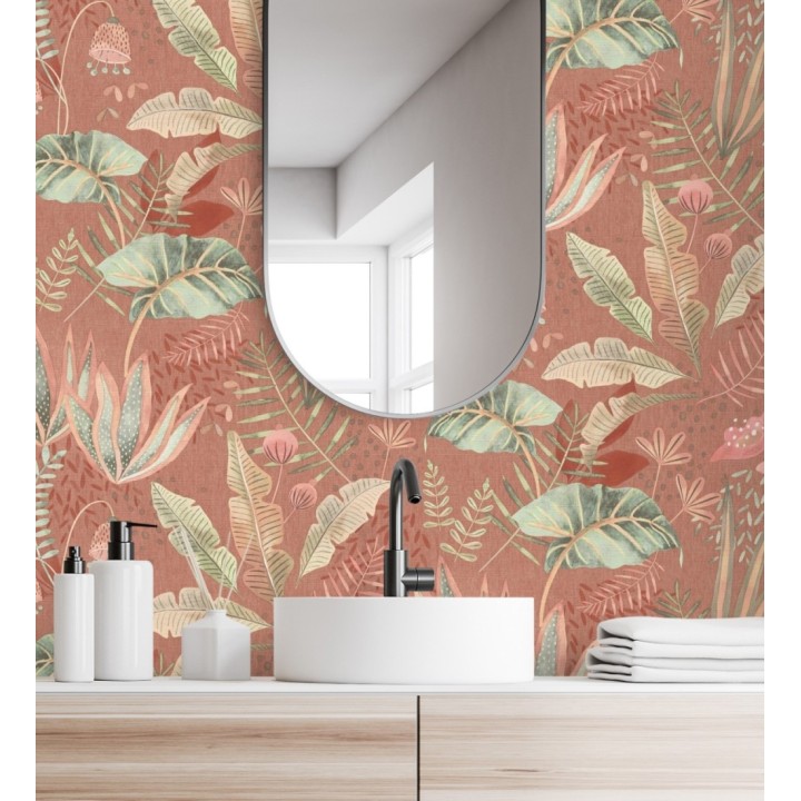 Papel pintado de vegetación tropical en colores verdes y coral fondo terracota - Aloha Spirit 683314