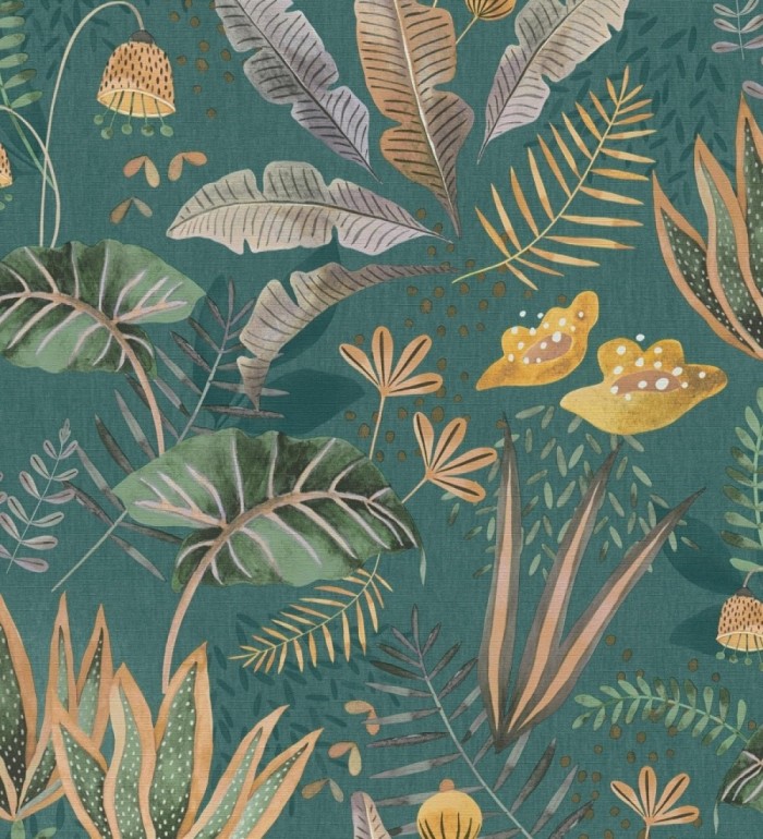 Papel pintado de vegetación tropical en colores verdes y amarillos con fondo turquesa - Aloha Spirit 683315