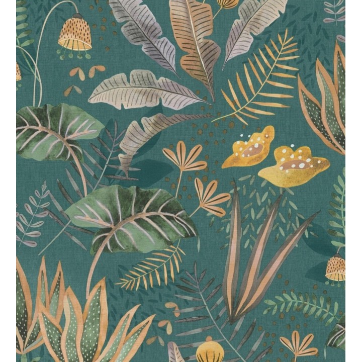 Papel pintado de vegetación tropical en colores verdes y amarillos con fondo turquesa - Aloha Spirit 683315
