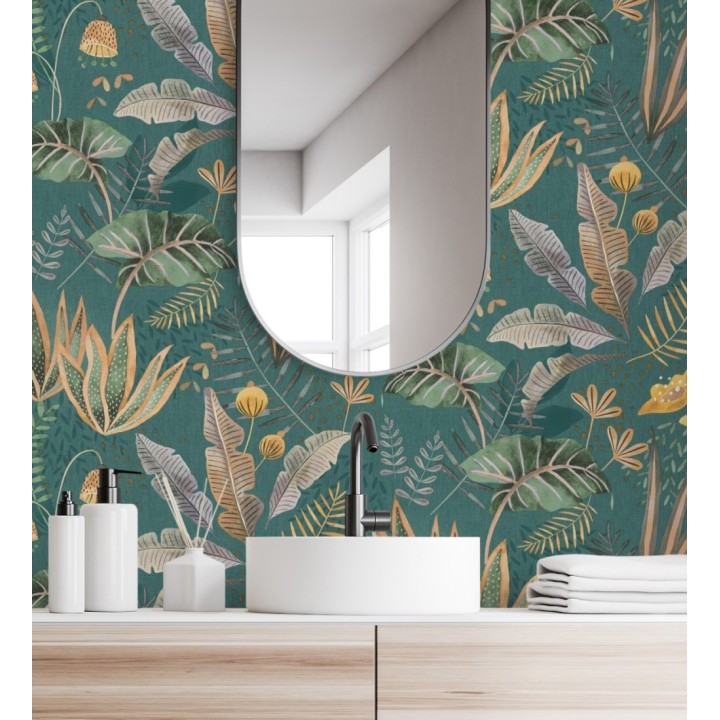 Papel pintado de vegetación tropical en colores verdes y amarillos con fondo turquesa - Aloha Spirit 683315