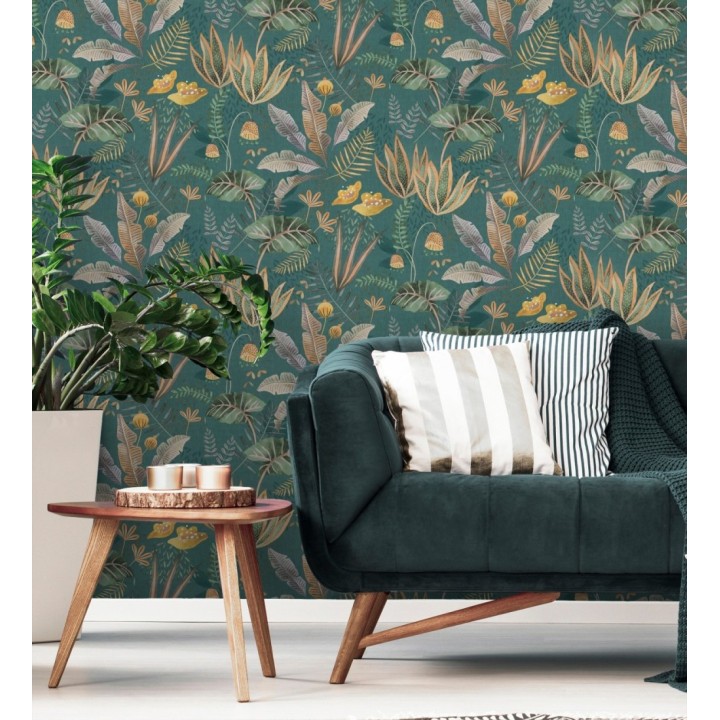 Papel pintado de vegetación tropical en colores verdes y amarillos con fondo turquesa - Aloha Spirit 683315