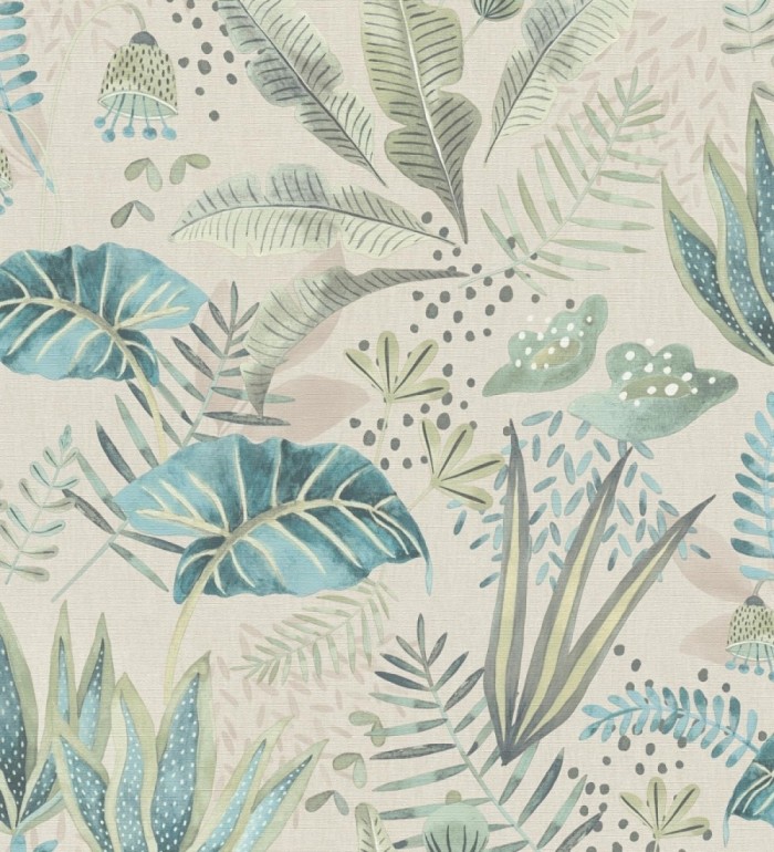 Papel pintado de vegetación tropical en colores verdes y turquesa fondo beige - Aloha Spirit 683316