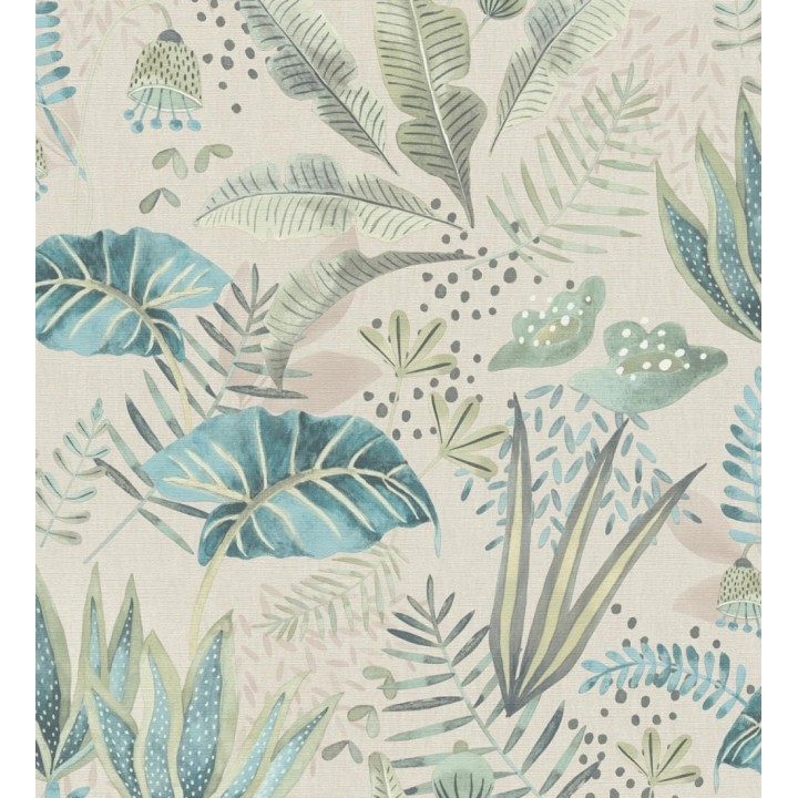 Papel pintado de vegetación tropical en colores verdes y turquesa fondo beige - Aloha Spirit 683316
