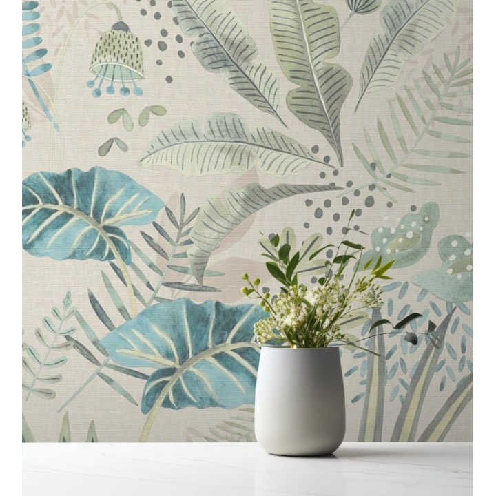 Papel pintado de vegetación tropical en colores verdes y turquesa fondo beige - Aloha Spirit 683316