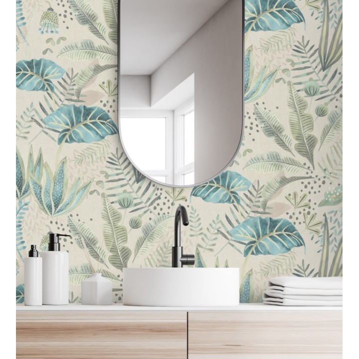 Papel pintado de vegetación tropical en colores verdes y turquesa fondo beige - Aloha Spirit 683316