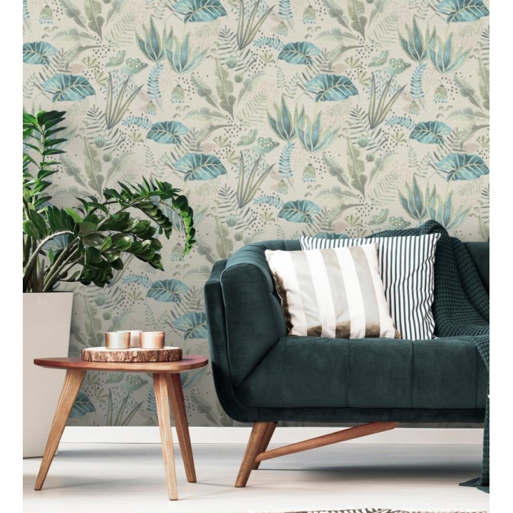 Papel pintado de vegetación tropical en colores verdes y turquesa fondo beige - Aloha Spirit 683316