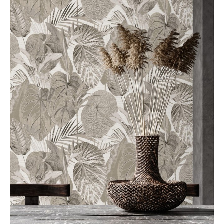 Papel pintado de hojas grandes tropicales en tonos beige - Makira Vibes 683317