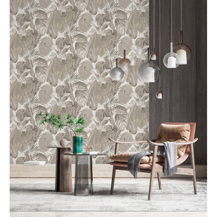 Papel pintado de hojas grandes tropicales en tonos beige - Makira Vibes 683317