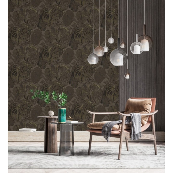 Papel pintado de hojas grandes tropicales en tonos marrones - Makira Vibes 683318