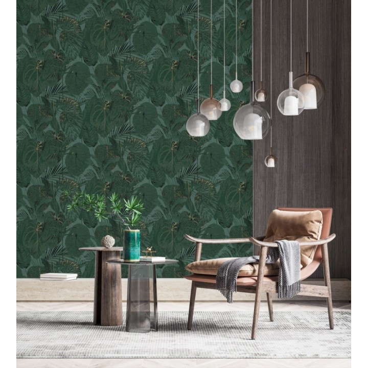 Papel pintado de hojas grandes tropicales en tonos verde oscuro - Makira Vibes 683319