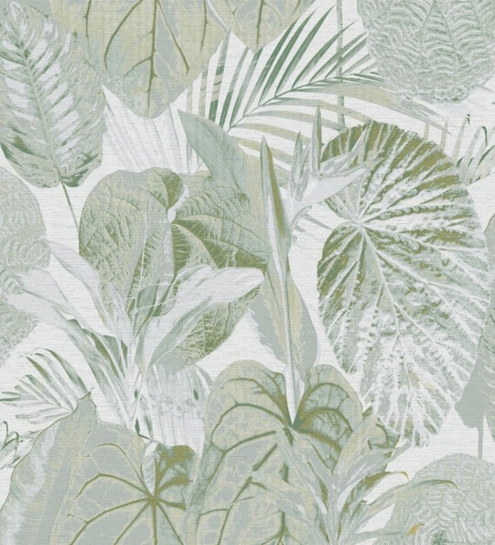 Papel pintado de hojas grandes tropicales en tonos verdes y blancos - Makira Vibes 683320